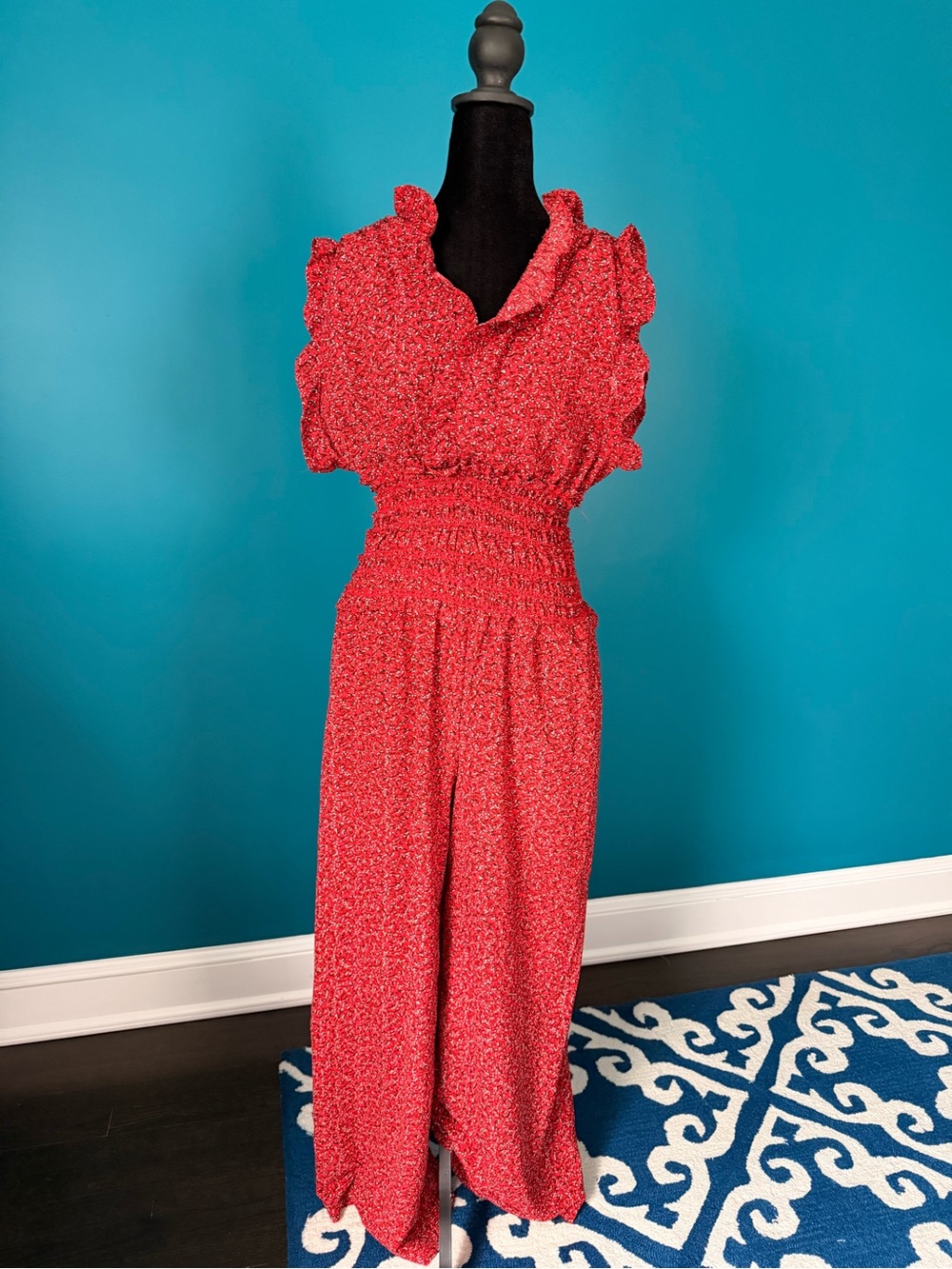 Max Studio Red Floral Smocked-Waist Jumpsuit with Ruffle Sleeves